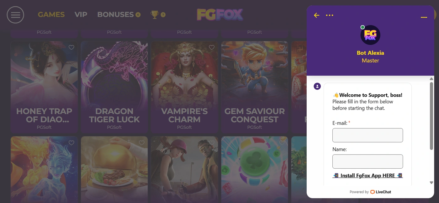 Online klantenservice chat bij FG Fox Casino